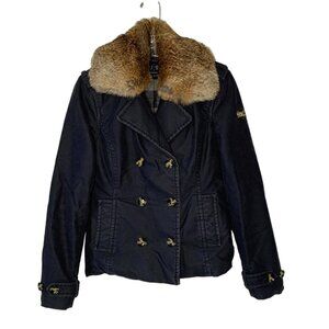 ARMANI JEANS Navy Blue Double-Breasted Fur-Lined Collar Women's Jacket Size 4